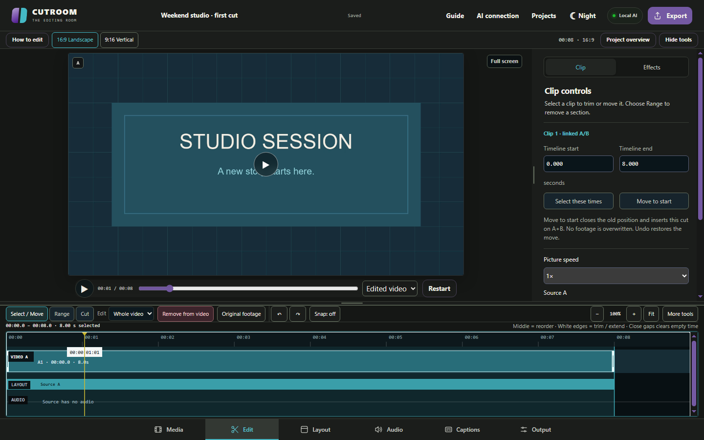 Actual CUTROOM editor with generated demo footage, Edit effects and workflow tabs