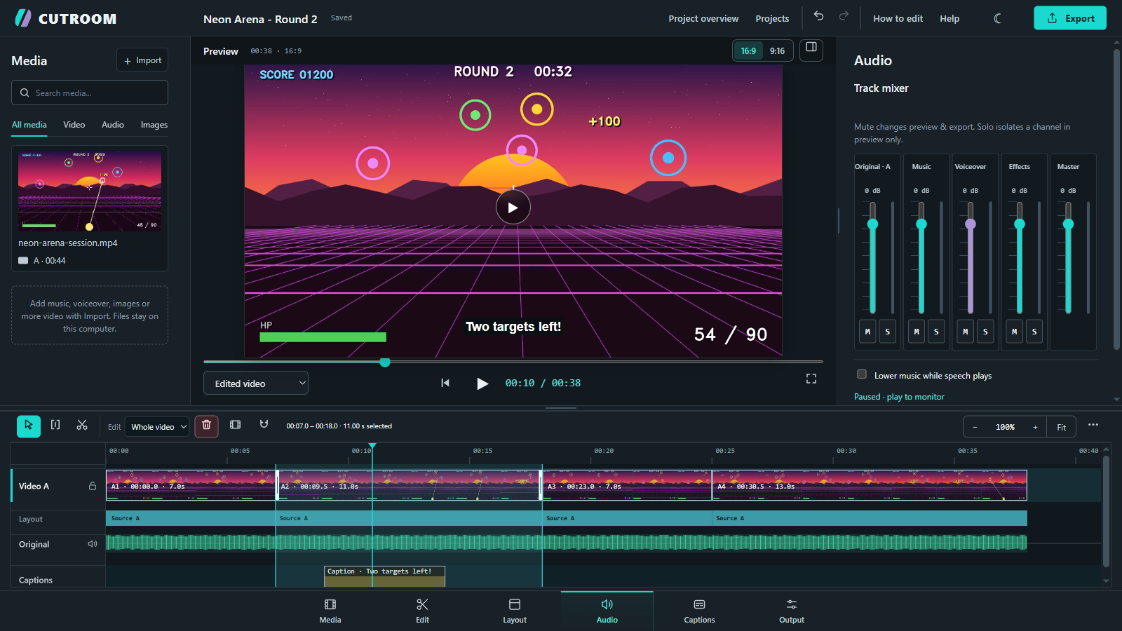 CUTROOM audio workspace with a synthetic gameplay demo project