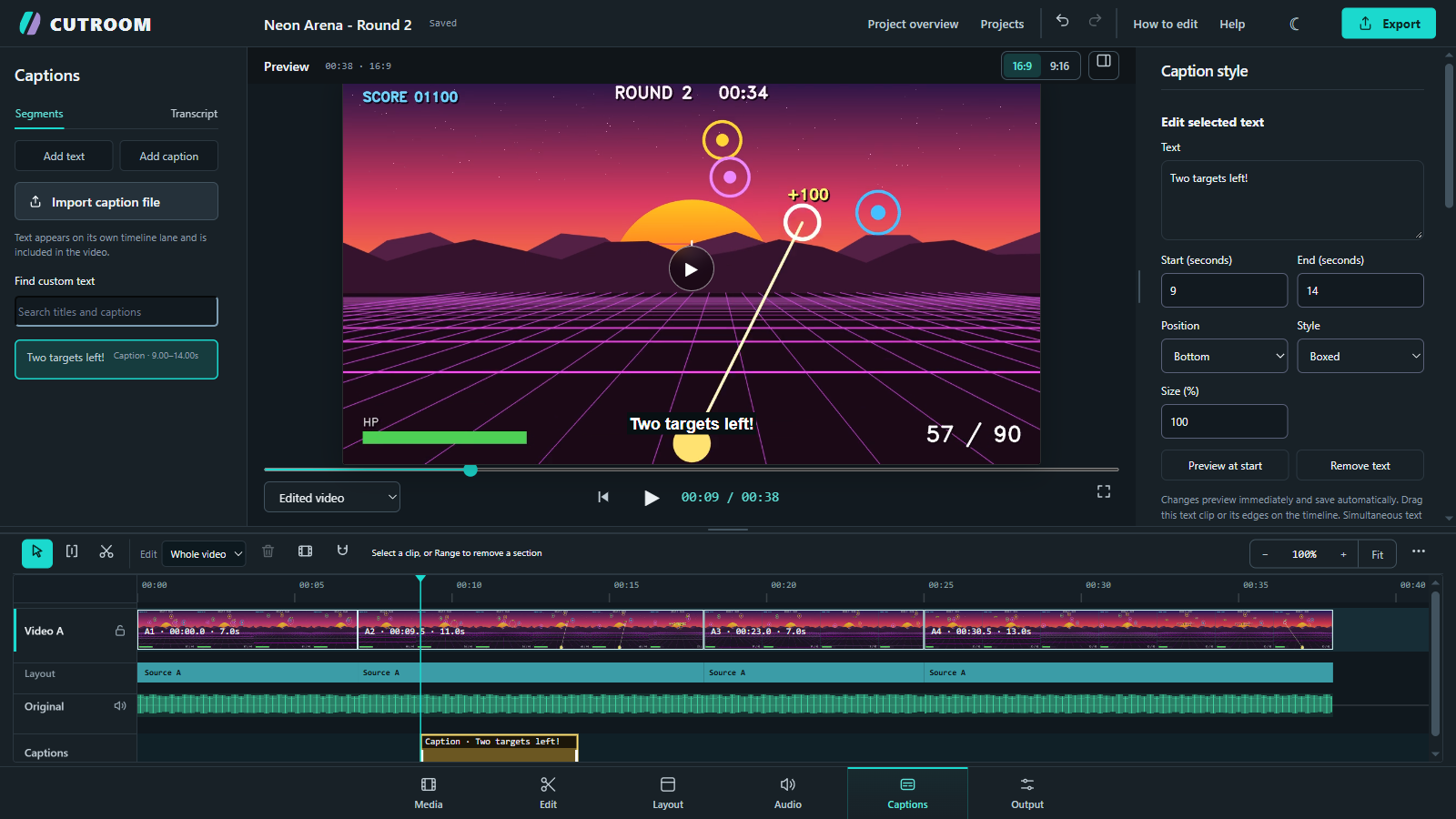 CUTROOM captions workspace with a synthetic gameplay demo project