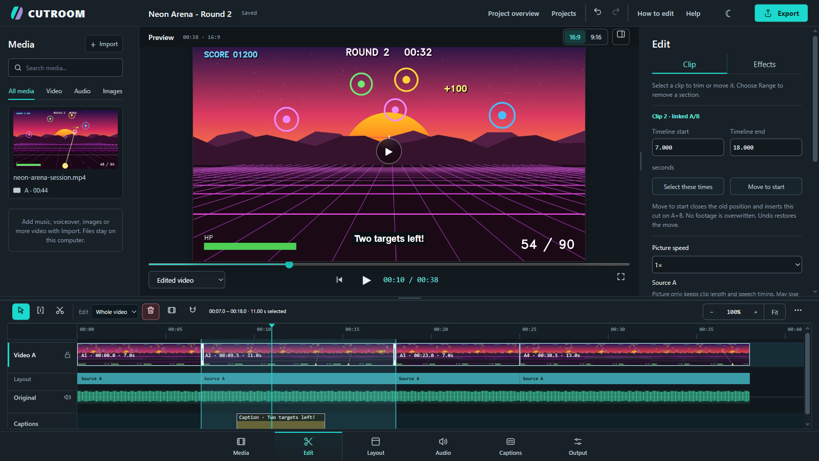 The actual CUTROOM editor: synthetic gameplay footage in four timeline clips, a caption and clip timing controls