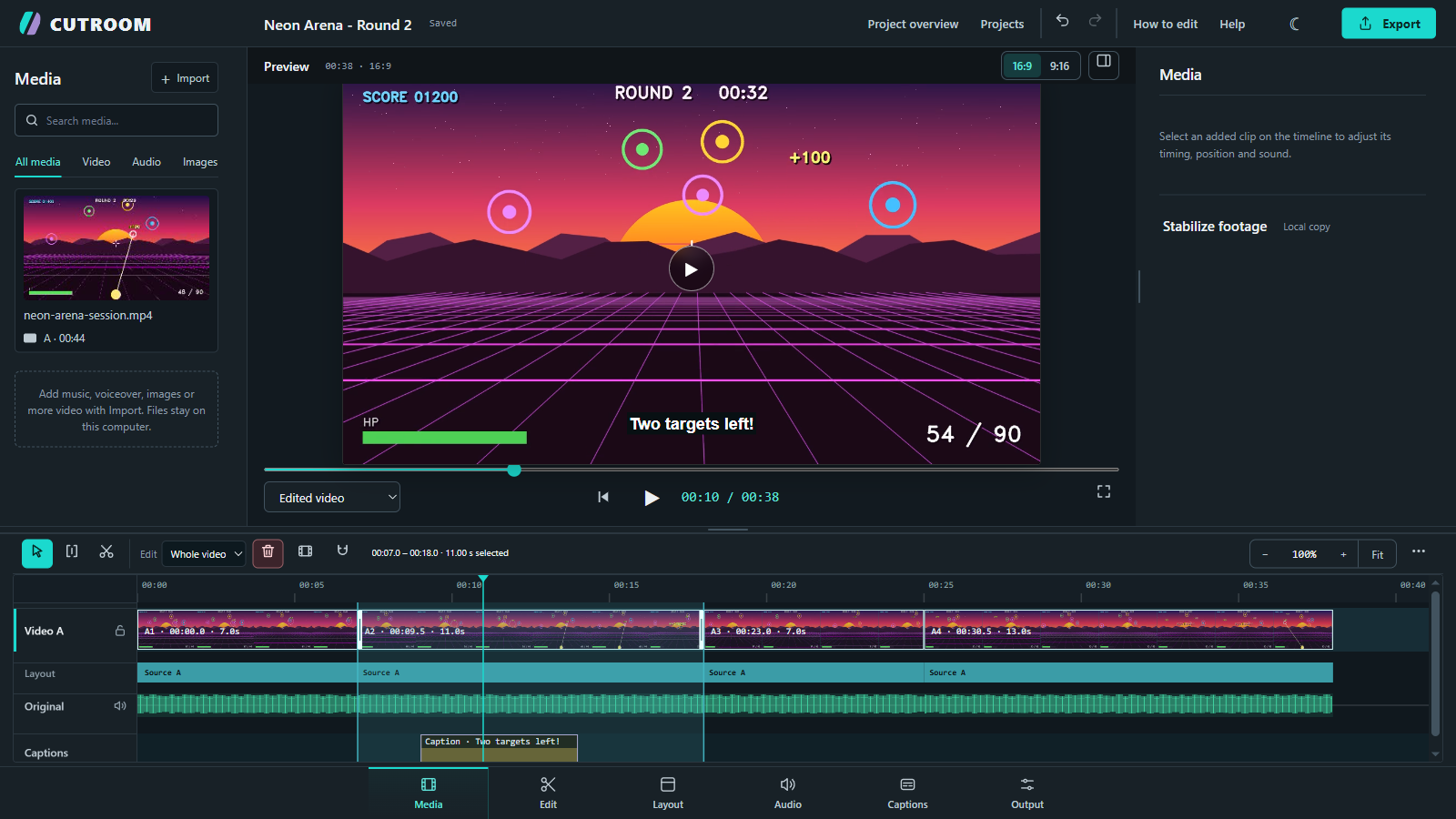 CUTROOM media workspace with a synthetic gameplay demo project